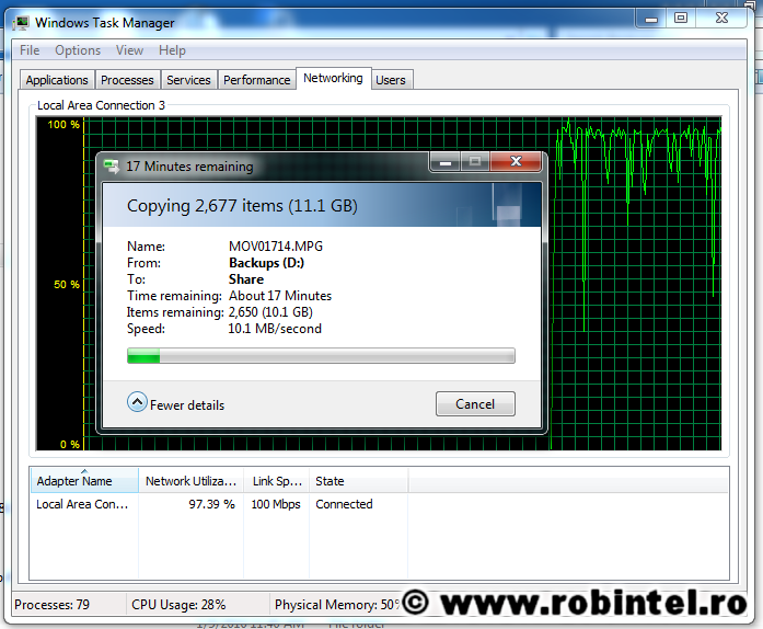 Copiere la 97 de megabiți pe secundă, foarte aproape de limita teoretică de 100 Mbps Copiere la 97 de megabiți pe secundă, foarte aproape de limita teoretică de 100 Mbps